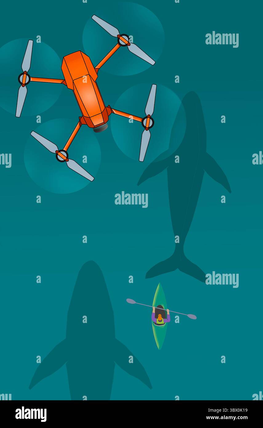 Eine Drohne, die über dem Boot fliegt, filmt eine Person in einem Kajak. Eine Walschote schwimmt im Ozean unter dem Boot in einer 3D-Illustration. Stockfoto