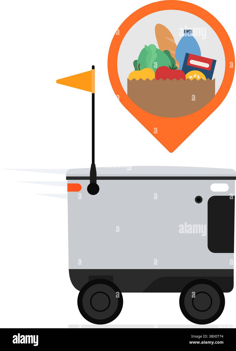 Autonomer Lieferroboter, der Lebensmittel in einer Tasche liefert, Lieferung nach Hause und Robotik-Konzept isoliert Stock Vektor