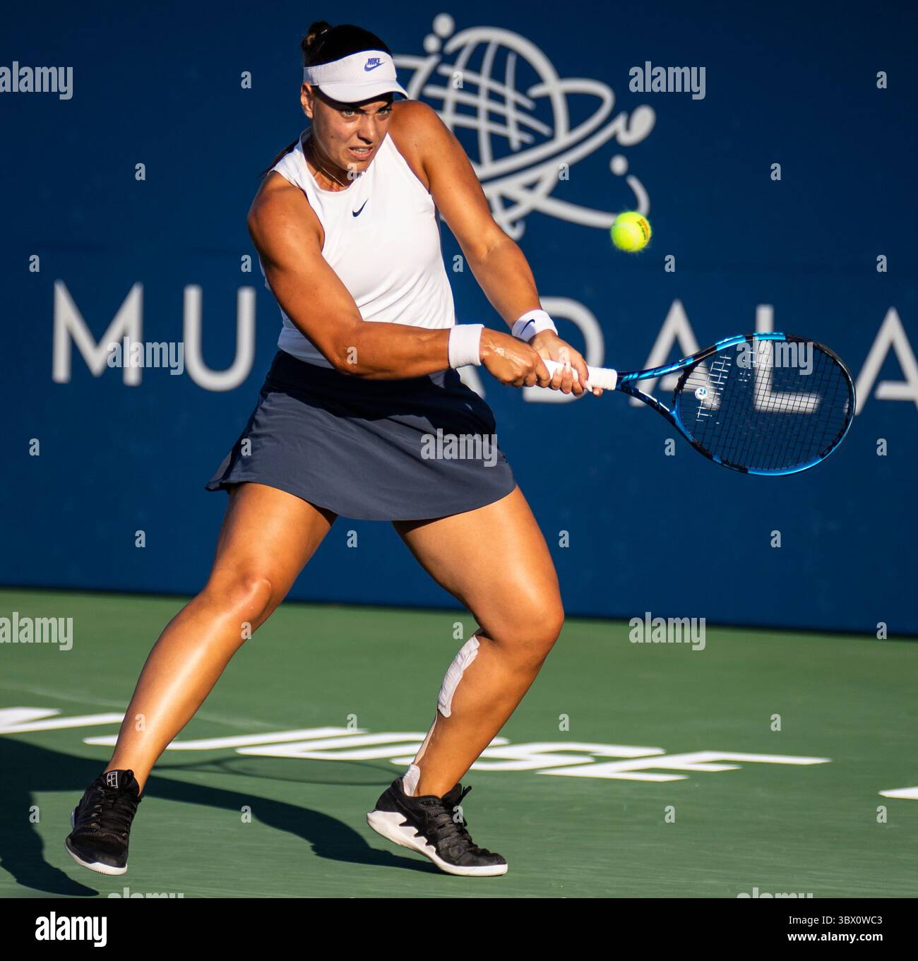 7. August 2021 San Jose, CA USA Ana Konjuh aus Kroatien gibt beim Halbfinalspiel der Mubadala Silicon Valley Classic gegen Danielle Collins an der San Jose State University San Jose Kalifornien einen Schuss zurück Thurman James/CSM(Credit Image: &Copy; Thurman James/CSM via ZUMA Wire) Stockfoto