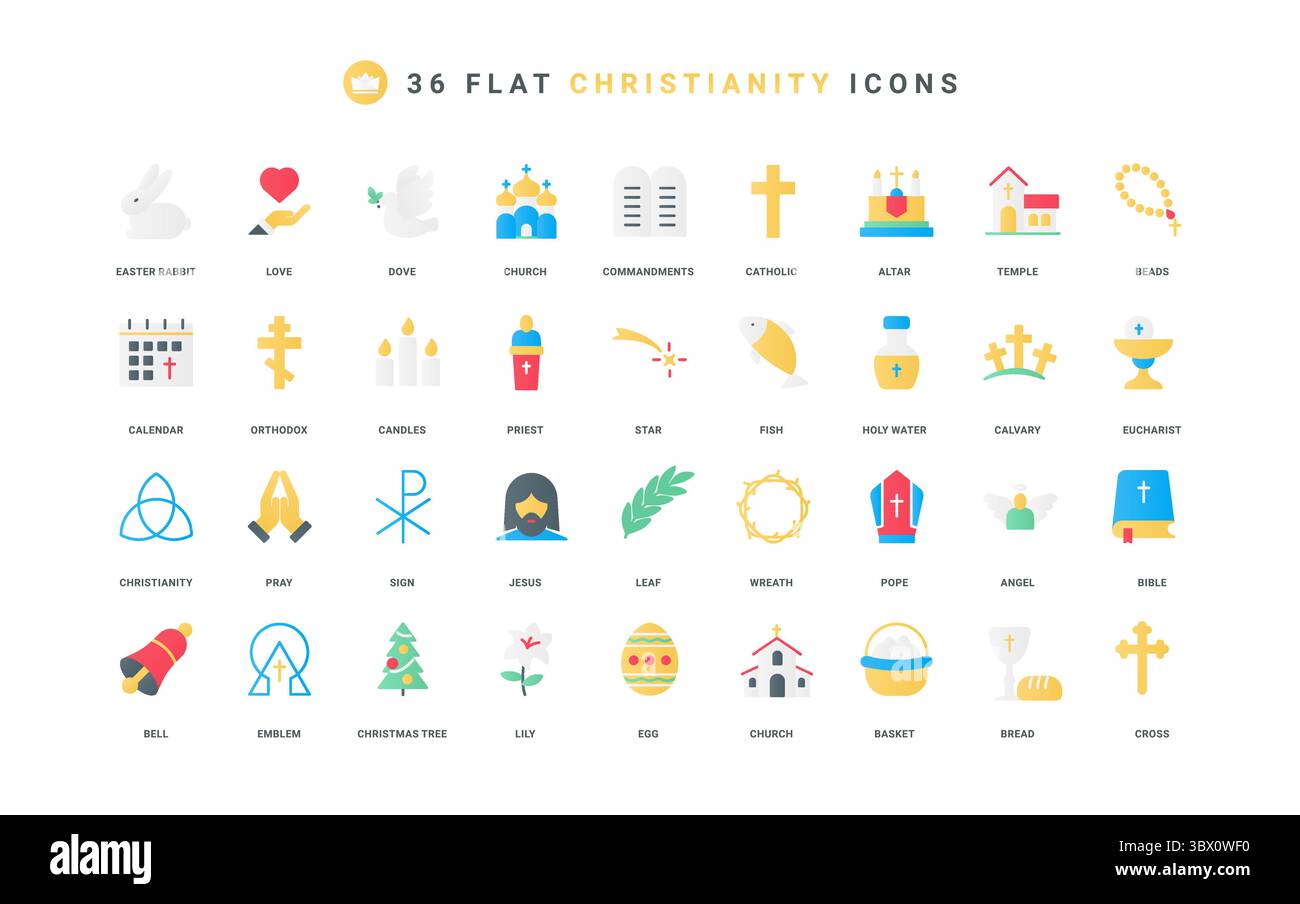 Christliche Tempel und religiöse Embleme, Priester und Papst, heilige Buch Bibel Farbsymbole Set. Korb mit Ostereiern und Kaninchen, Brot und Wein, Grab mit Kreuz und Kirche flache Elemente Vektor Illustration Stock Vektor Christliche Tempel und religiöse Embleme, Priester und Papst, heilige Buch Bibel Farbsymbole Set. Korb mit Ostereiern und Kaninchen, Brot und Wein, Grab mit Kreuz und Kirche flache Elemente Vektor Illustration Stock Vektor