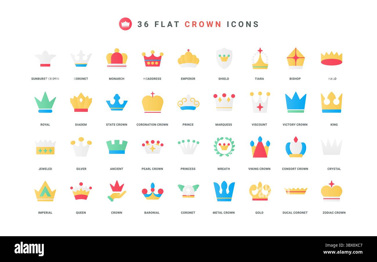 Krone aus Königin und König, Prinzessin und Prinz, Emblem des Kaisers und luxuriöse Farbsymbole. Royal Label und Retro Gewinner Trophäe, Schmuck von Monarch und Kaiser flache Elemente Vektor Illustration Stock Vektor