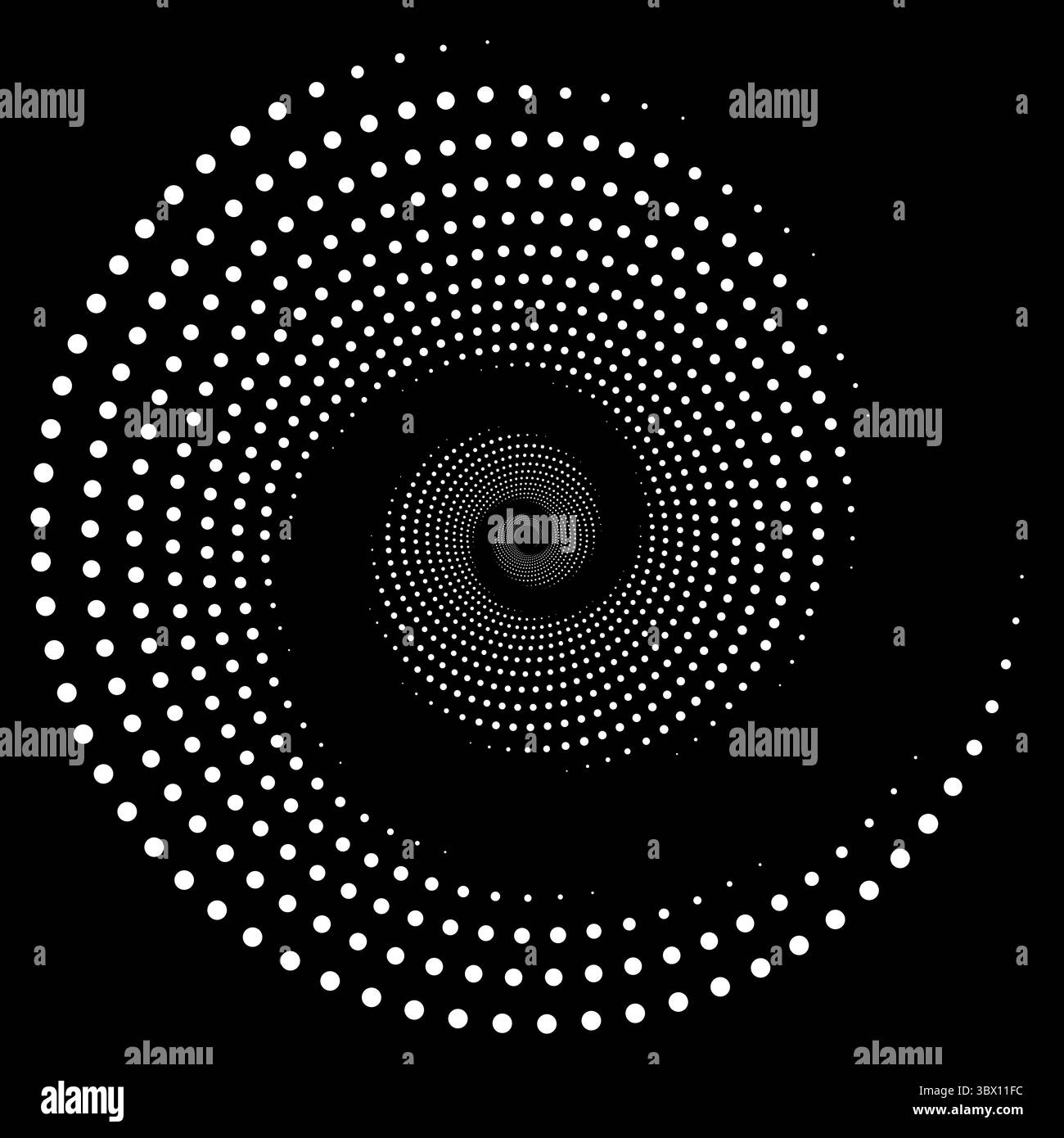 Optische Kunstform. Entwerfen Sie einen Hintergrund mit spiralförmigen Punkten. Abstrakter monochromer Hintergrund. Stock Vektor