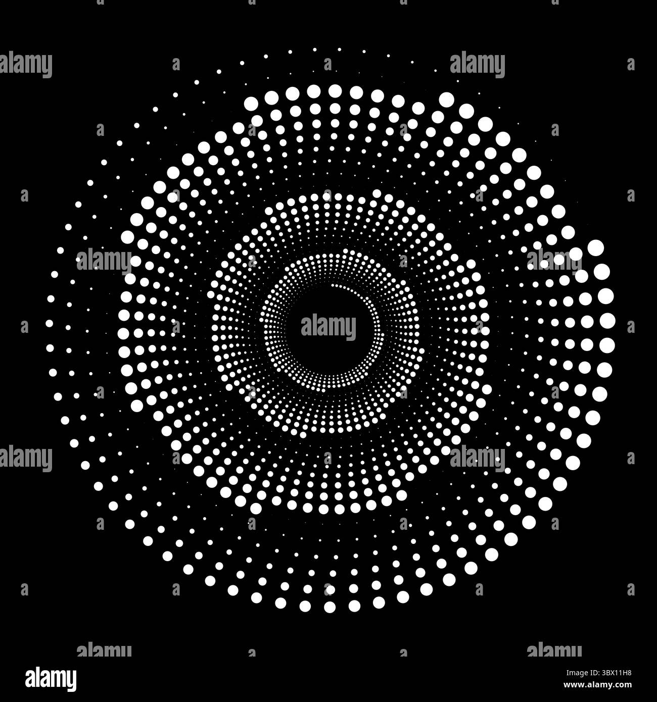 Entwerfen Sie einen Hintergrund mit spiralförmigen Punkten. Abstrakter monochromer Hintergrund. Optische Kunst. Stock Vektor