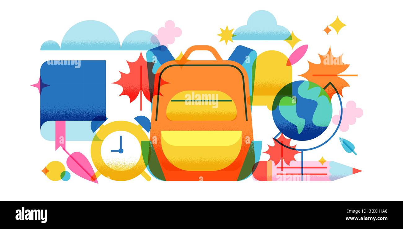 Back to School farbenfrohe Banner, Poster-Design. Vektor geometrische flache Illustration von Schulbedarf, Rucksack, Buch, Wecker, Globus, Herbsturlaub Stock Vektor