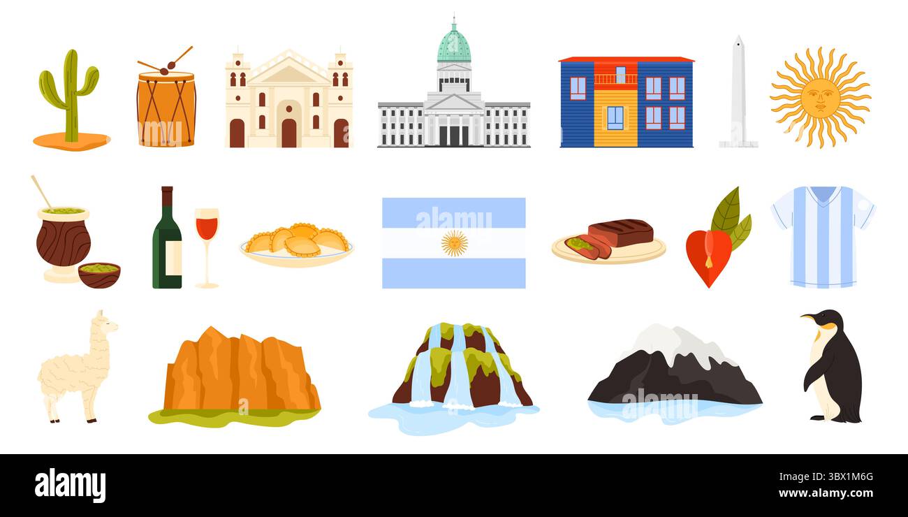 Reisen Sie nach Argentinien, Kultur und Essen, Natur und Architektur. Argentinische Flagge und Caminito Häuser, berühmt, Wein und Empanadas, Talampaya Nationalpark Cartoon Vektor Illustration Stock Vektor