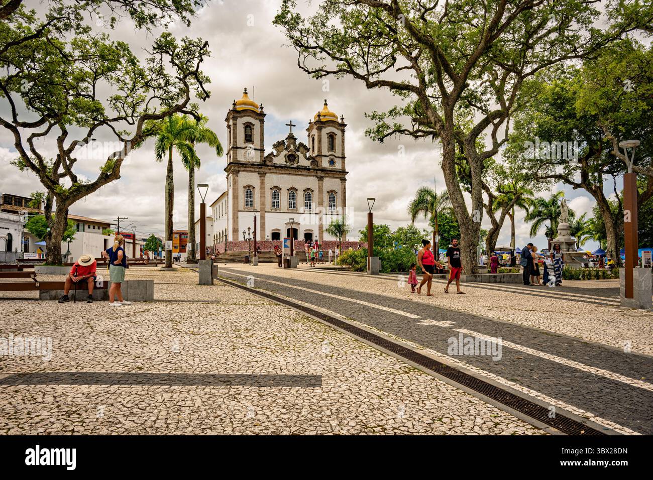 Salvador, Bahia, Brasilien – 10. März 2025. Weitwinkelbaum gerahmtes Foto von Touristen sowie das Äußere der Kathedrale unseres Herrn von Bomfim Stockfoto