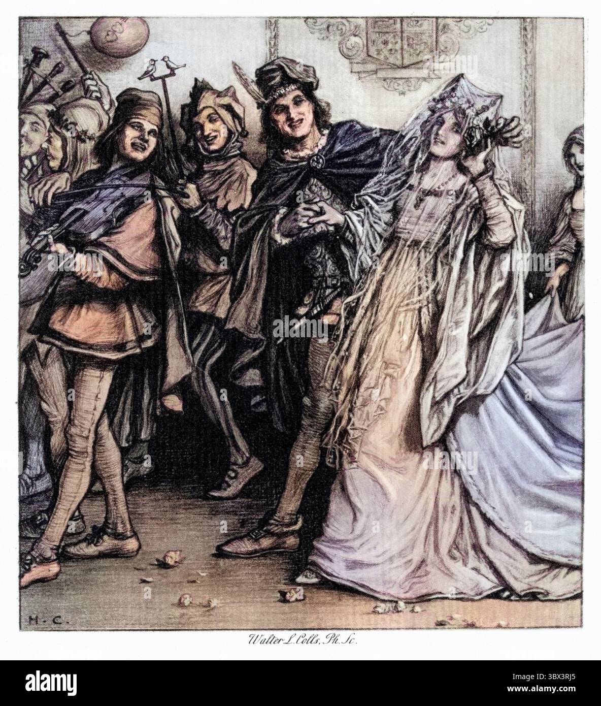 Vintage-Gravur einer Szene aus der Rime des antiken Seefahrers von Coleridge. Die Braut ist in den Flur gegangen. Herbert Cole, 1900 Stockfoto