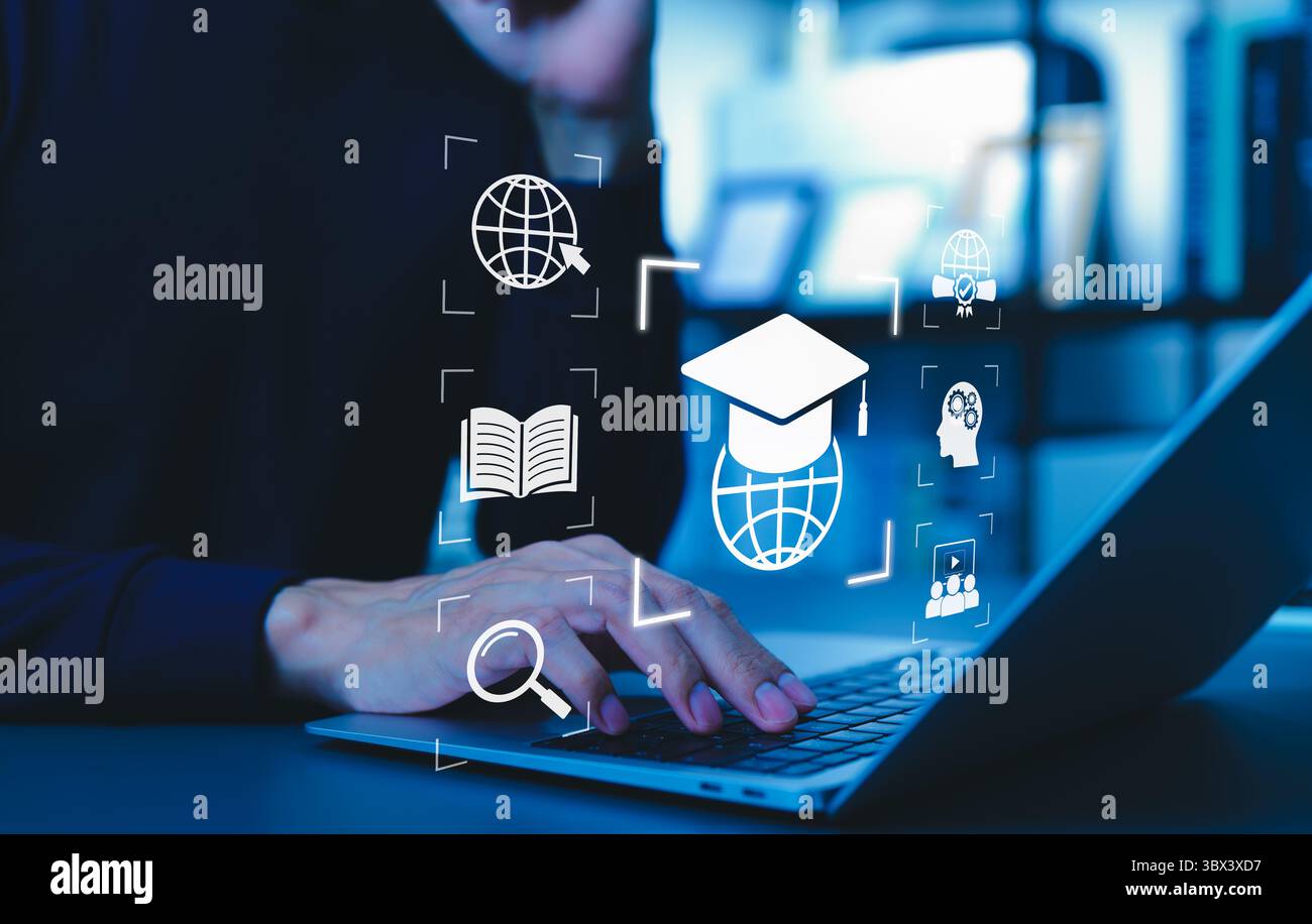 Online-Bildung und E-Learning Digital Technology Konzept. Symbole für Abschlussabschluss, Globus, Buch und Suche, die Online-Bildung, e-learning, Stockfoto