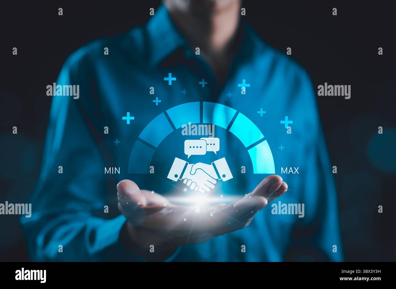 Vertrauenswürdiges Konzept für die Zusammenarbeit von Partnern und Unternehmen. Geschäftsmann mit Handshake-Symbol mit Vertrauensstufe, die Geschäftspartnerschaft repräsentiert, Stockfoto