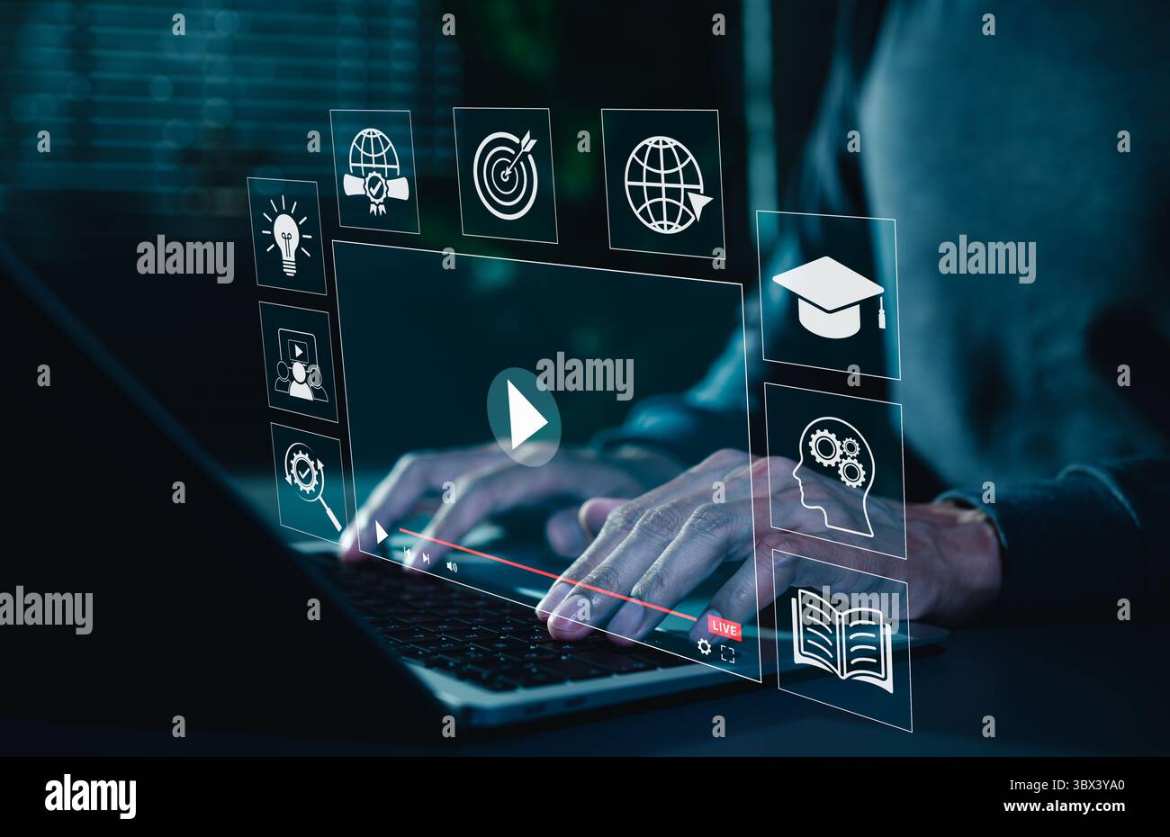 Online-Bildung und e-Learning-Konzept. Benutzer verwenden Laptop mit Symbolen für Online-Bildung, Lernen, Wissensaustausch, Bildungstools, Stockfoto