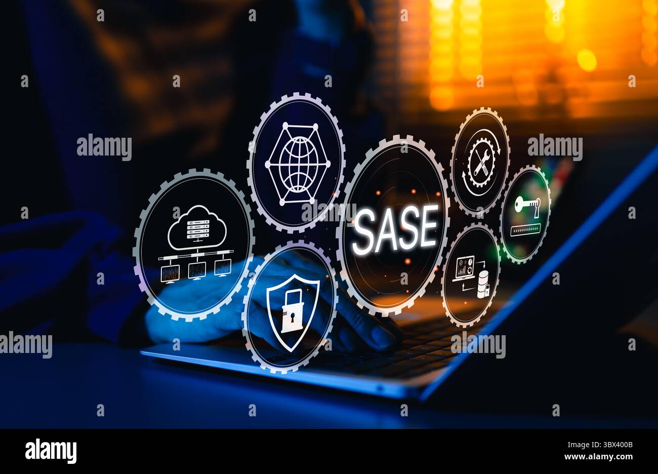 SASE Secure Access Service Edge Cybersecurity-Konzept. Digitale Darstellung des SASE-Frameworks mit Symbolen für Cloud, Sicherheit, Zugriffskontrolle, Stockfoto