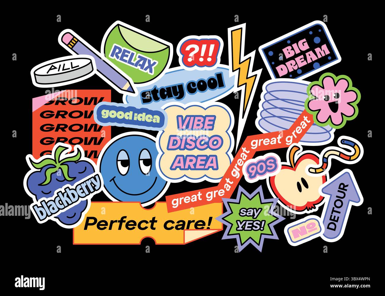 Lustige Sammlung von y2k-Patches, Etiketten, Tags. Flache Aufkleber mit kurzen Phrasen im Retro-Cartoon-Stil. Grooviges Vektor-Set, trendige Promo-Labels in 90ern Stock Vektor