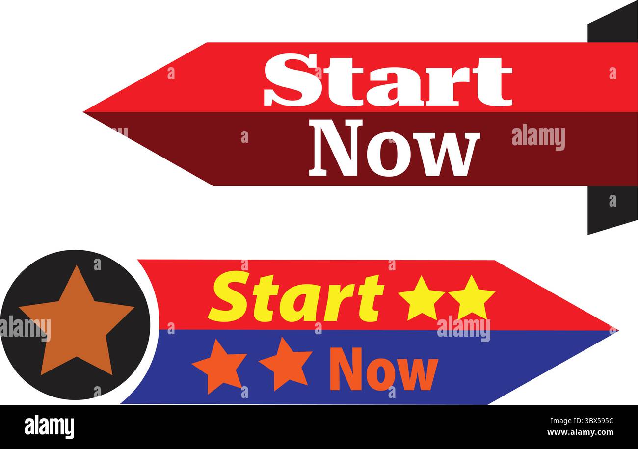 Der rote und blaue Sternpfeil beginnt jetzt mit der Bezeichnung Vektor für digitale Marketing-Banner und Web-Call-to-Action Stock Vektor