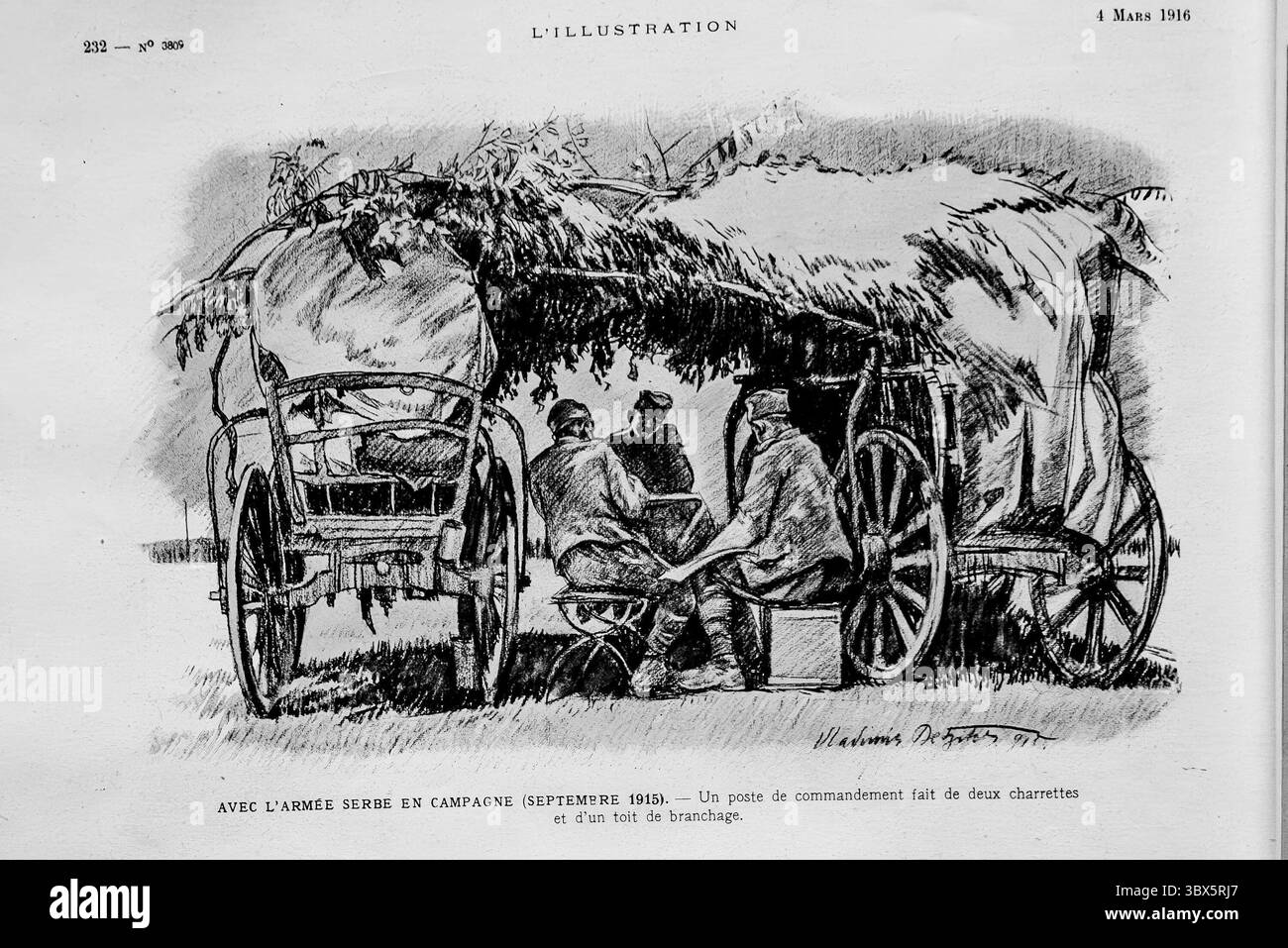 Feldskizze vom September 1915, die einen provisorischen Kommandoposten der serbischen Armee aus zwei Wagen und einem mit Asten bedeckten Dach zeigt. Diese Szene wurde während des Ersten Weltkriegs aufgenommen, als die serbischen Streitkräfte während ihres Rückzugs durch bergiges Gelände unter immensen Druck gerieten. Veröffentlicht in L'Illustration am 4. März 1916. Stockfoto
