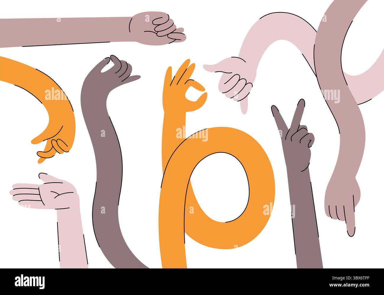 Verschiedene Positionen der Hände und Finger: Zeigen, halten, OK, Finger drücken, Handgesten. Menschliche Arme, Handflächen und Handgelenke Illustration in funky Stil. Stock Vektor