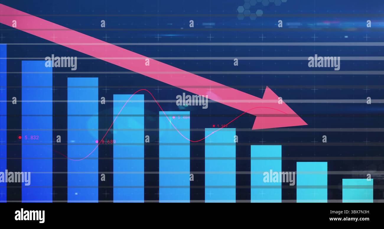 Vertikale blaue Balken mit dickem rosafarbenem Pfeil nach unten auf dem Armaturenbrett mit Rasterlinien Stockfoto