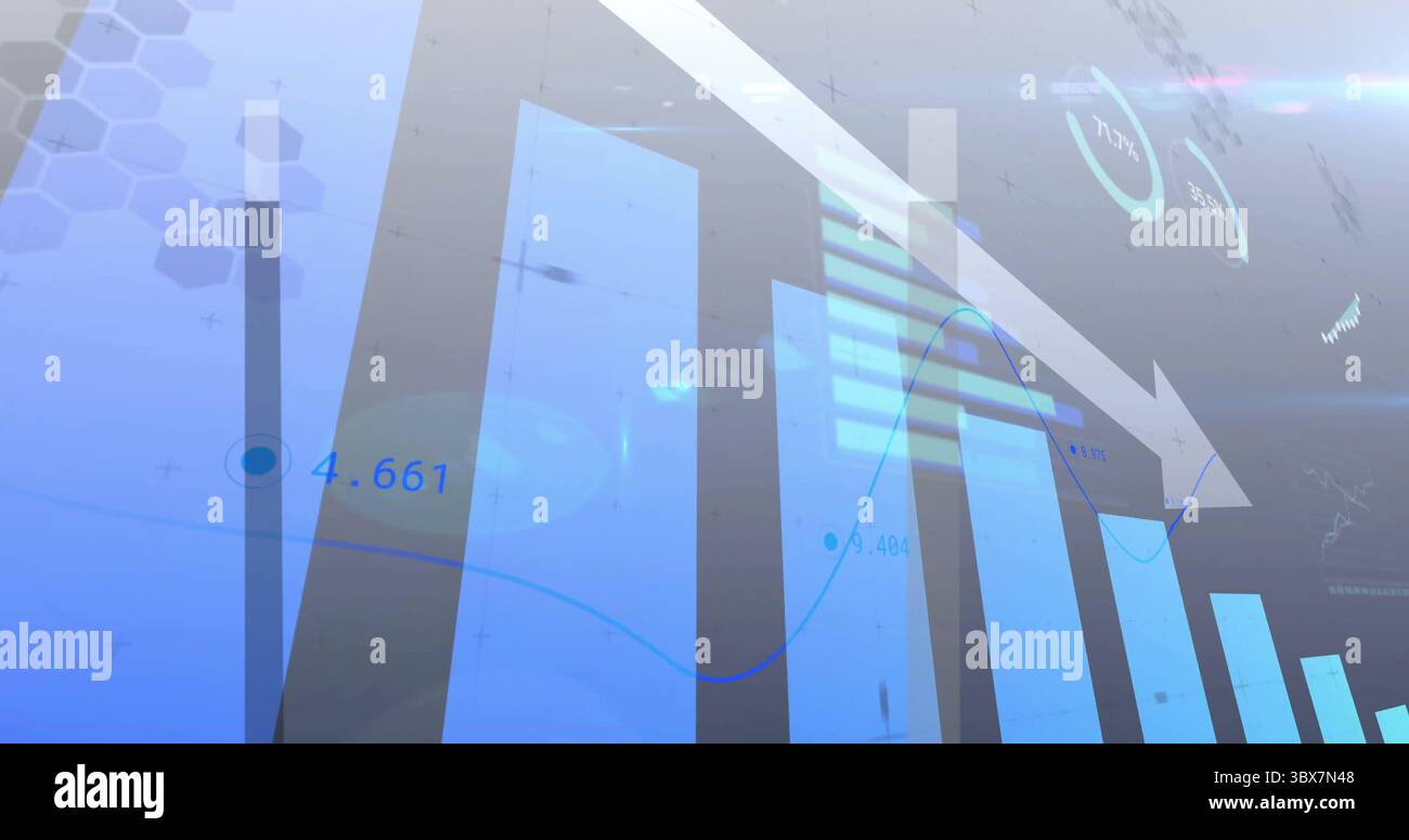 Durchscheinend blaue Balken im Armaturenbrett, mit Liniendiagramm, Abwärtspfeil, Hexadezimalraster, Fortschrittsfenster Stockfoto