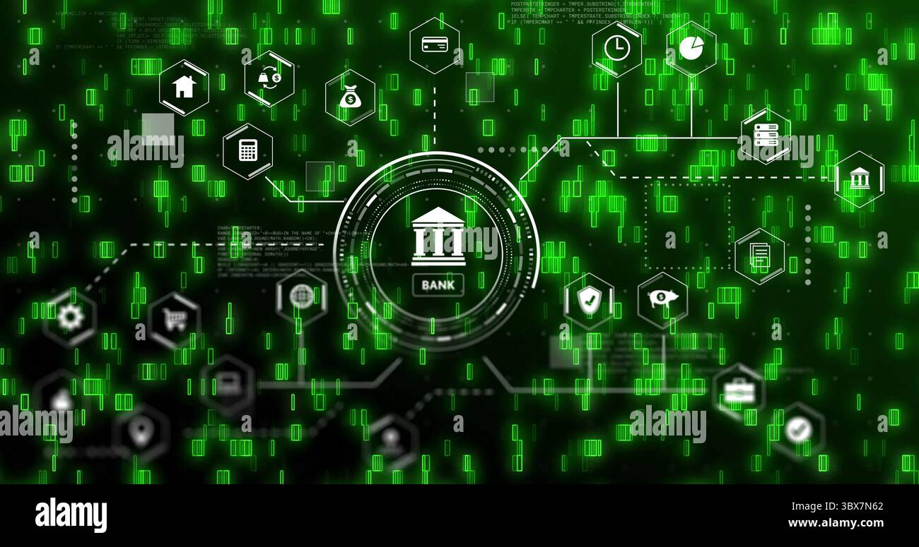 Hervorhebung eines kreisförmigen HUD mit Banksymbol vor digitalem Hintergrund und sechseckigen Finanzsymbolen Stockfoto