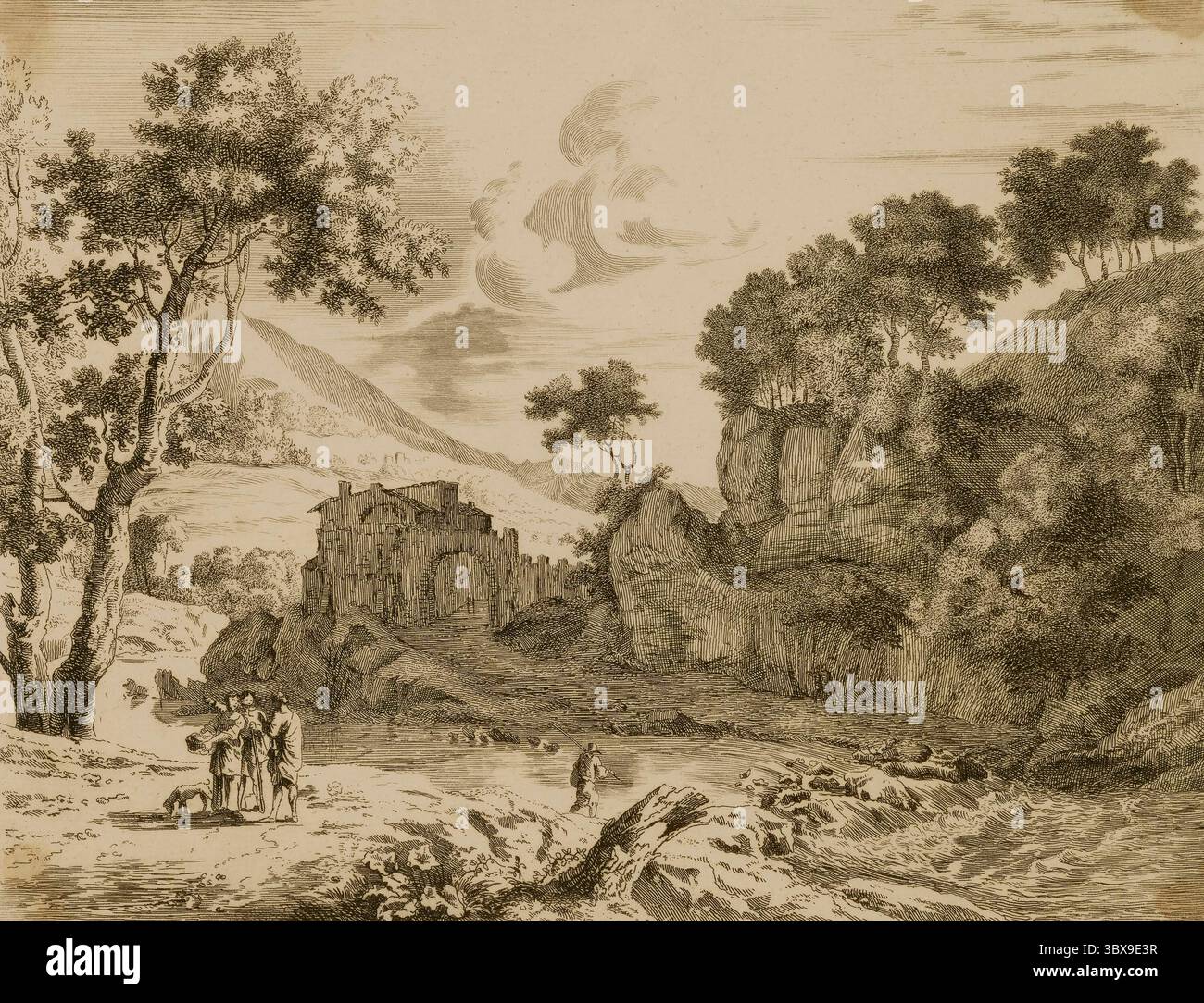 Landschaftsgravierung von Herman van Swanevelt mit einer klassischen Ruine, einem gewundenen Fluss, felsigen Klippen und Figuren im Vordergrund. Holländische Landschaft des Goldenen Zeitalters. Um das 17. Jahrhundert. Stockfoto