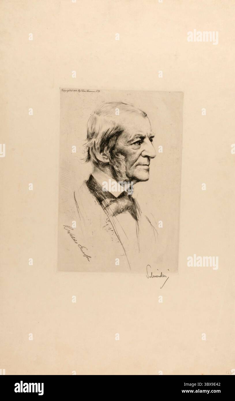 Geätztes Porträt des amerikanischen Essayisten und Philosophen Ralph Waldo Emerson von Otto J. Schneider. Das Kunstwerk zeigt ein detailliertes Seitenprofil von Emerson mit ausdrucksstarker Linienführung und klassischem Stil. Stockfoto