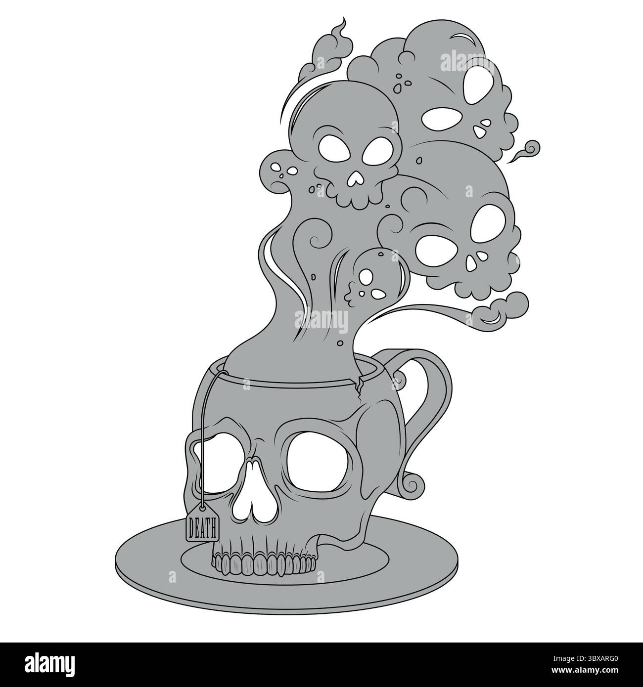 Porzellan-Teetasse in Form eines menschlichen Schädels, Kaffeetasse in Form eines Schädels und seiner Untertasse, dämonische Tasse mit giftigem Todesrauch Stock Vektor