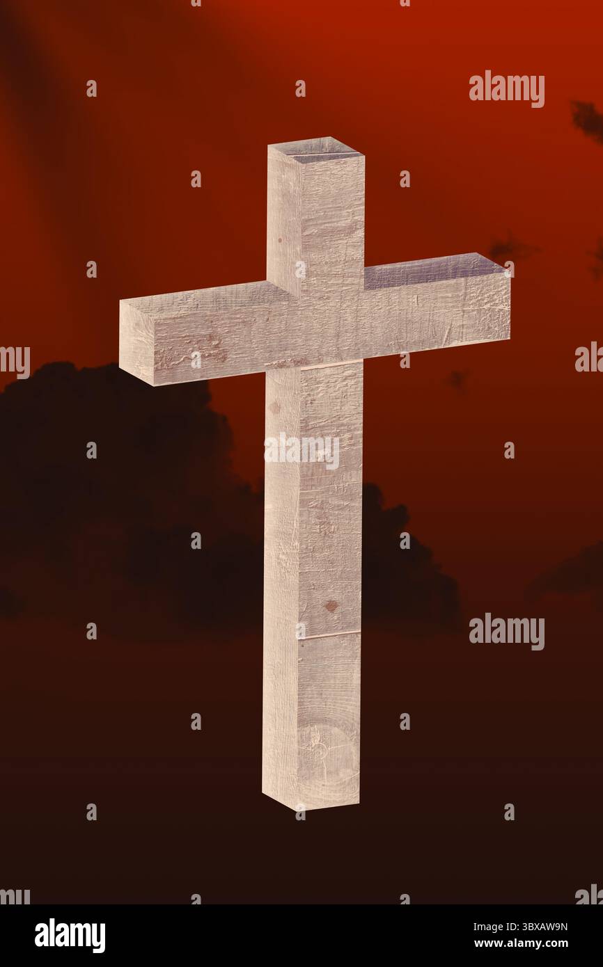Das raue Holzkreuz schwebt in flacher Form gegen den roten verlaufenden Himmel mit dunklen Wolken-Silhouetten Stockfoto