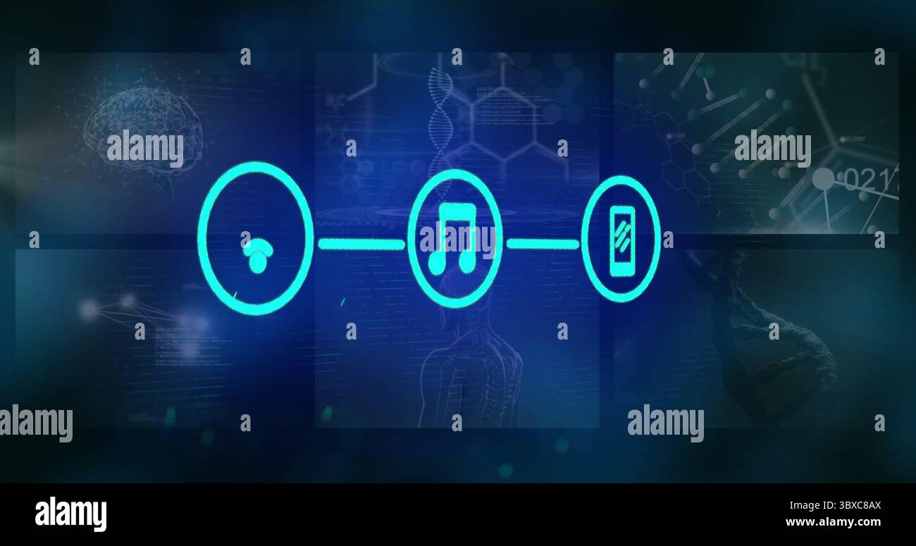 Zeigt Pilz-, Notenzeichen- und Telefonsymbole, die auf der Schnittstelle mit DNA-Gehirn und Molekülen verbunden sind Stockfoto