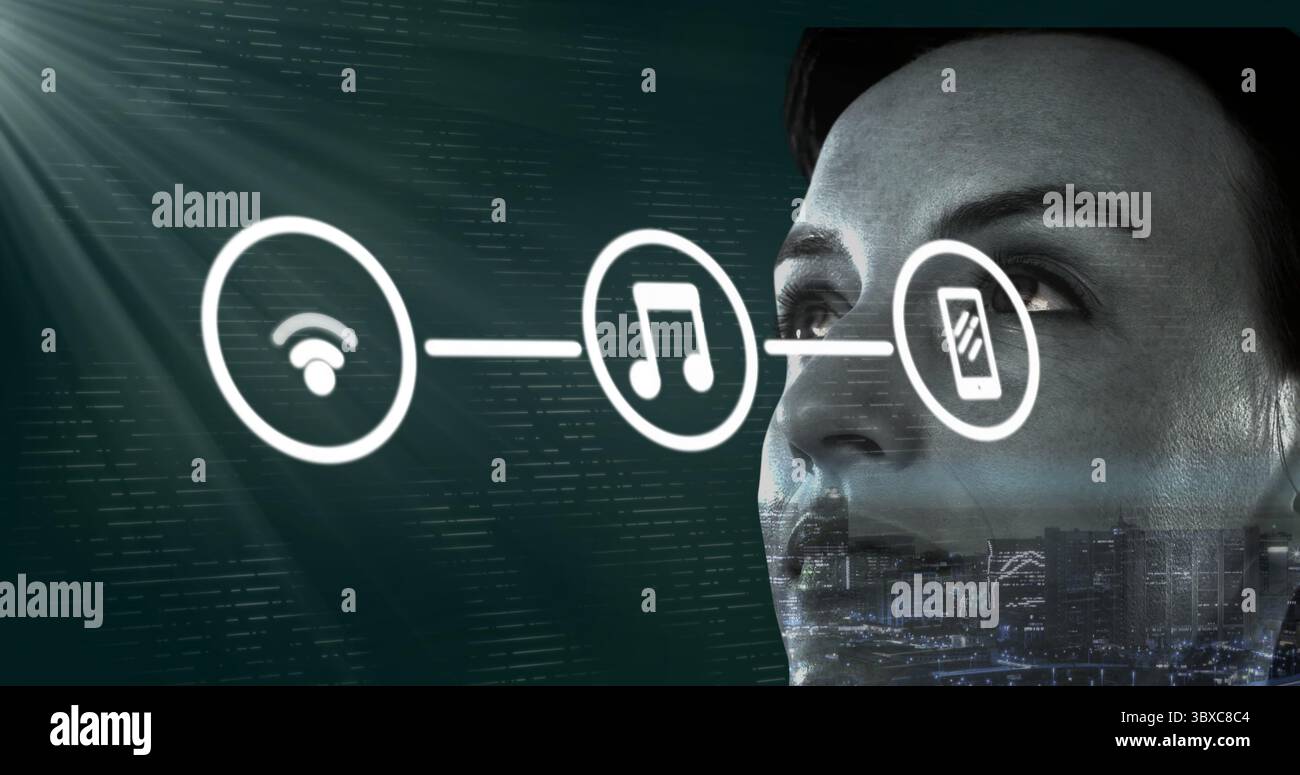 Das Gesicht wird mit Wi-Fi, Musik und Smartphone-Symbolen überlagert, Code und Skyline auf dem Bildschirm, Cop Stockfoto