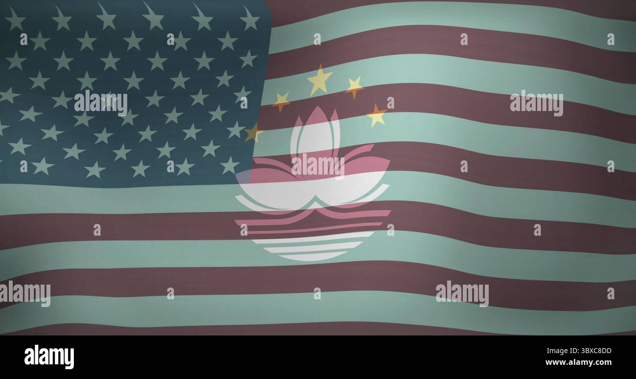 Mit einer Flaggengrafik, die die Streifen der US-Flagge mit dem Macau-Emblem auf der Illustration und Lotuswellen verbindet Stockfoto