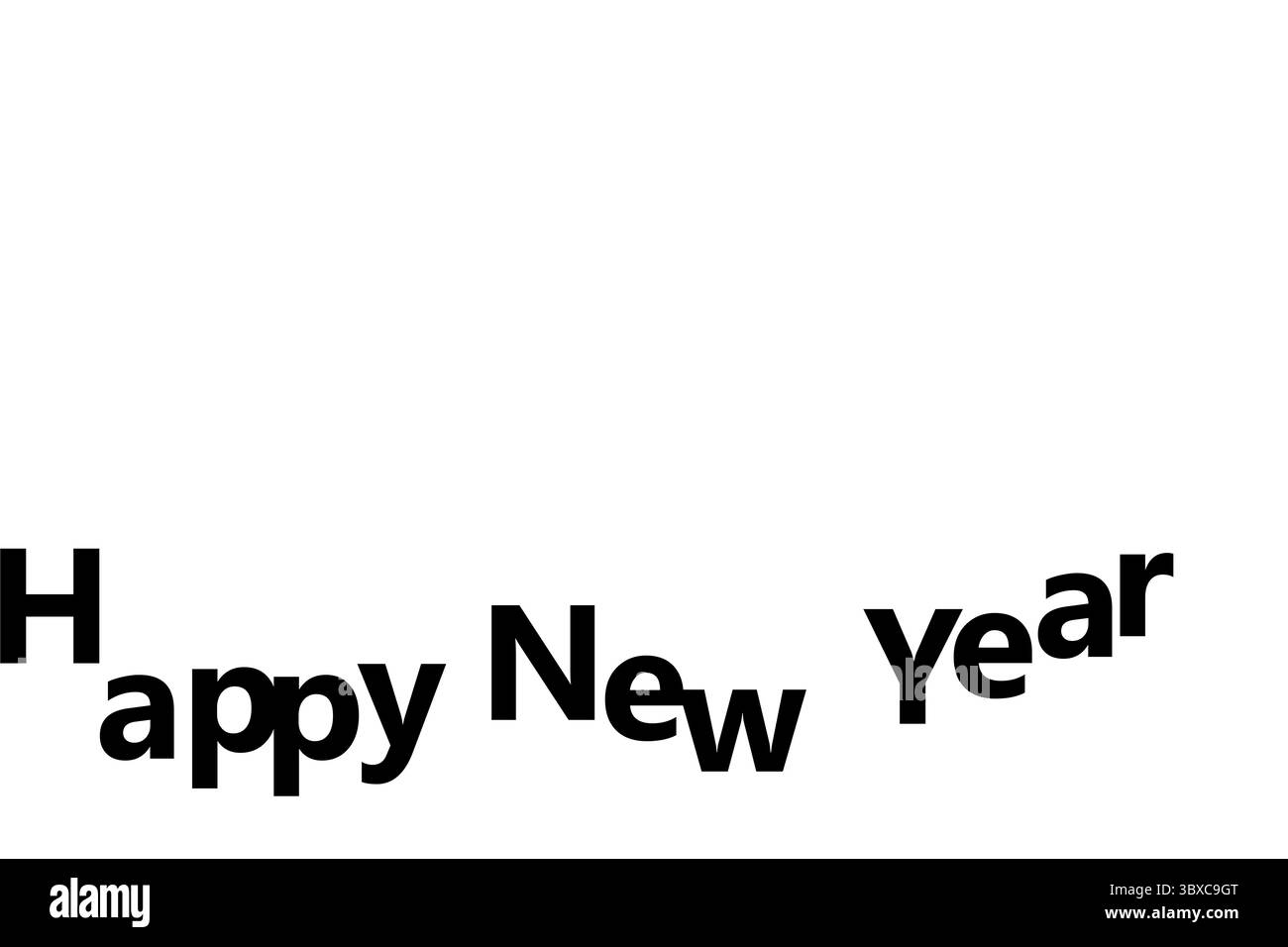 Happy New Year-Buchstaben winken auf weißem, flachem Hintergrund, schwarzem serifenlosem Design Stockfoto