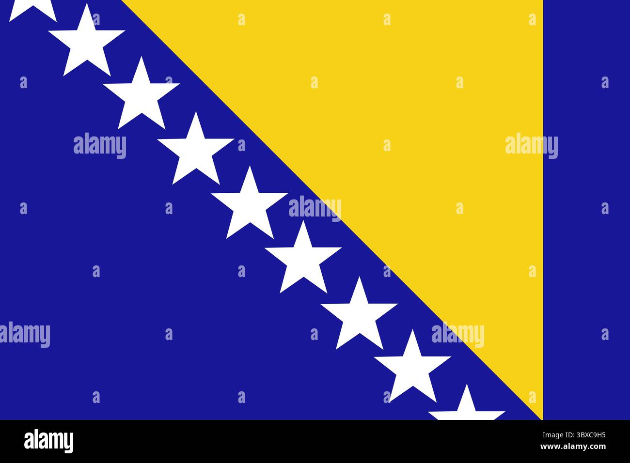 Bosnien-Herzegowina-Flagge erscheint flach mit blauem Feld, gelben Dreieckssternen, transparentem Hintergrund Stockfoto