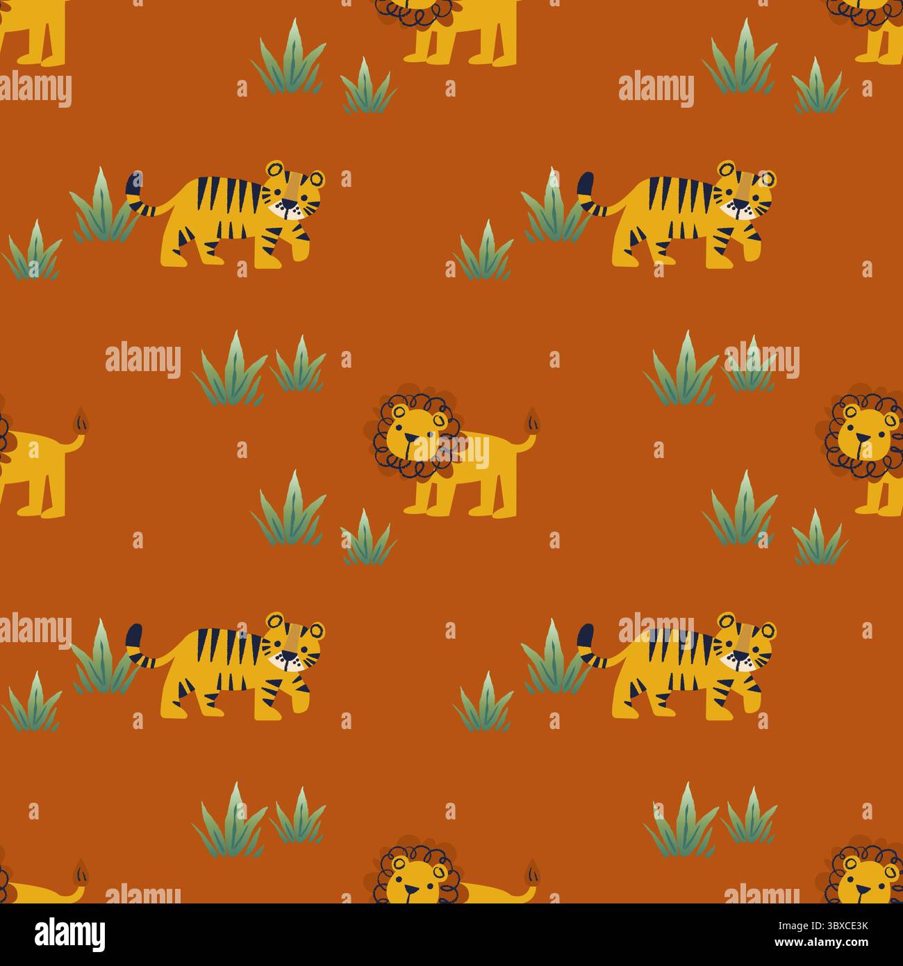 Löwen- und Tiger-Safari-Muster auf einem warmen, gebrannten orangen Hintergrund Stockfoto