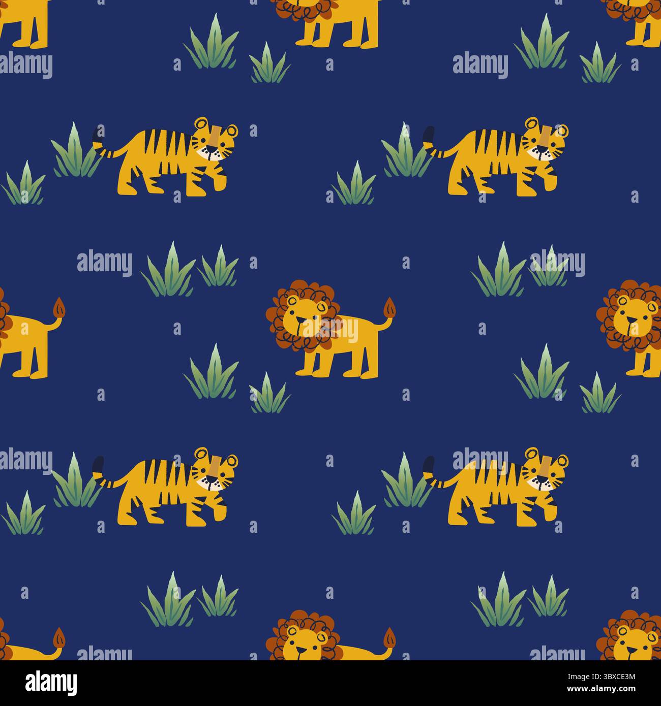 Löwen- und Tigersafari-Muster auf tiefem marineblauem Hintergrund Stockfoto