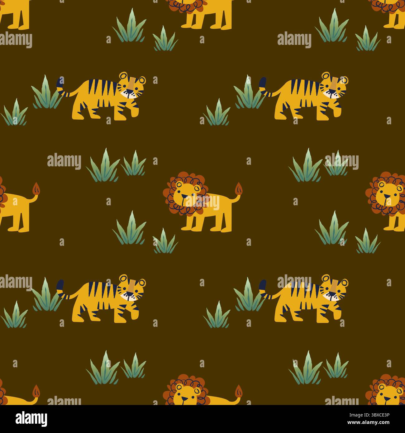 Löwen- und Tiger-Safari-Muster in sattem Dunkelbraun Stockfoto