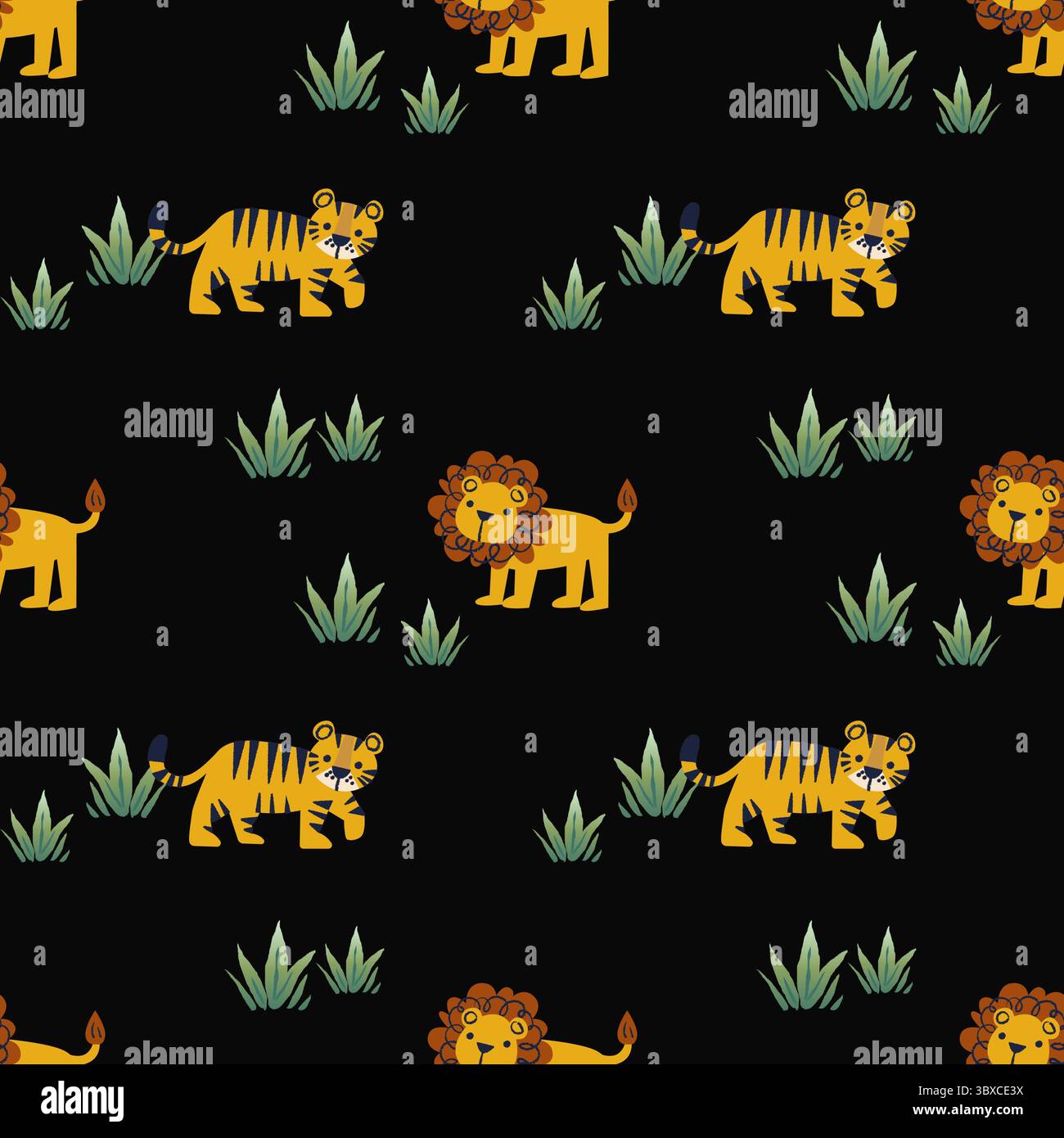 Löwen- und Tiger-Safari-Muster auf schwarzem Hintergrund Stockfoto