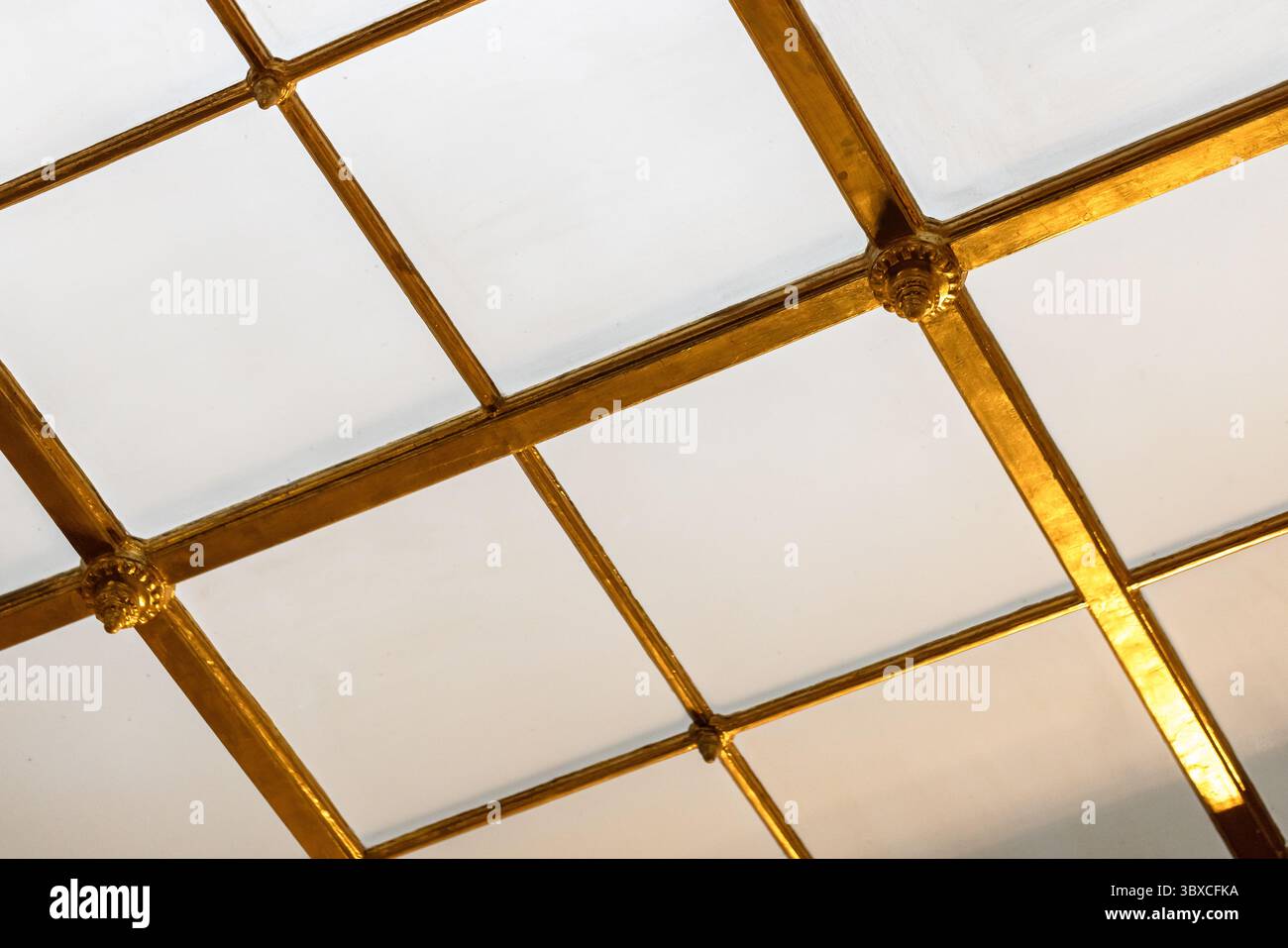Horizontale Ansicht eines goldenen Rasters an der Decke mit dekorativen Elementen, die ein luxuriöses und kompliziertes Architekturdesign einfangen, das oft gefunden wird Stockfoto