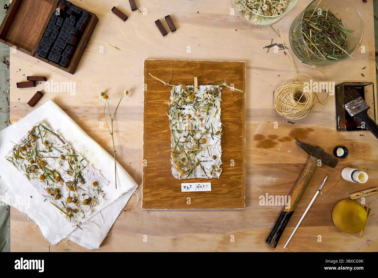 Endergebnis: Handgefertigtes Blumenpapier auf gebeizter Holzplatte, umgeben von Werkzeugen und Materialien. Umweltfreundliches und rustikales Wanddekor mit mir Stockfoto