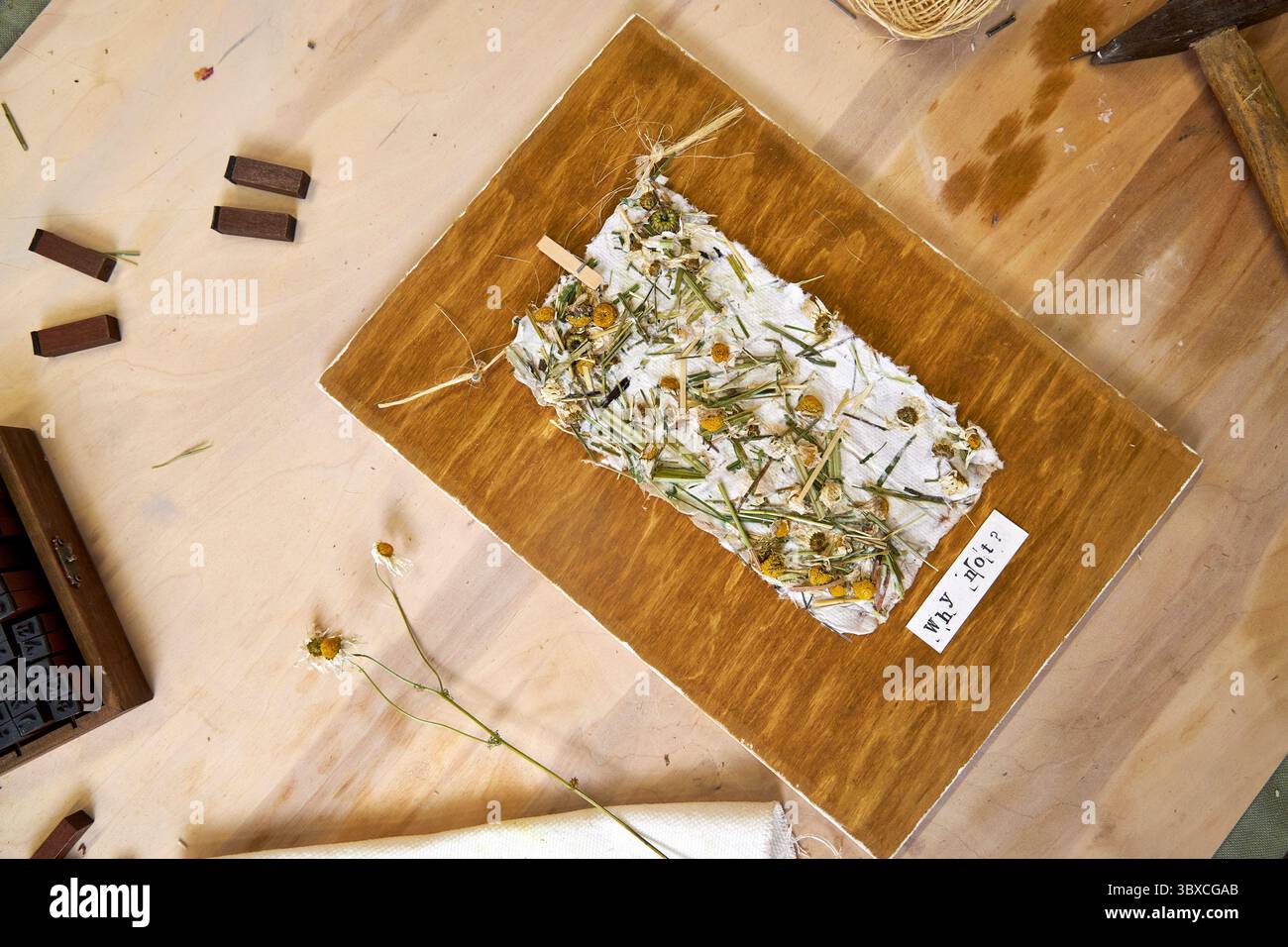 Endergebnis: Handgefertigtes Blumenpapier auf gebeizter Holzplatte, umgeben von Werkzeugen und Materialien. Umweltfreundliches und rustikales Wanddekor mit mir Stockfoto