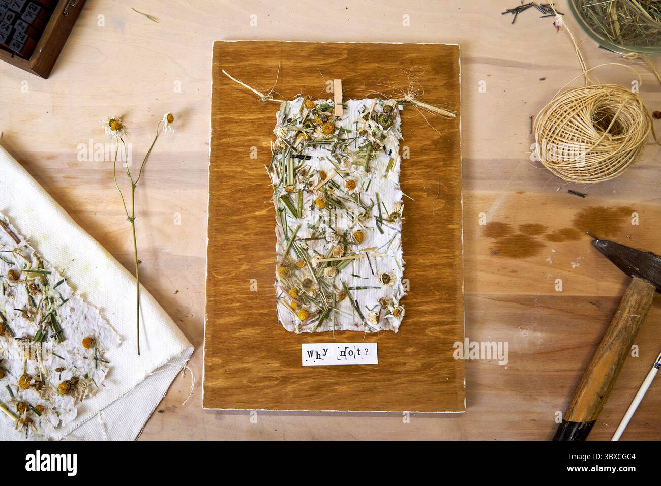 Endergebnis: Handgefertigtes Blumenpapier auf gebeizter Holzplatte, umgeben von Werkzeugen und Materialien. Umweltfreundliches und rustikales Wanddekor mit mir Stockfoto