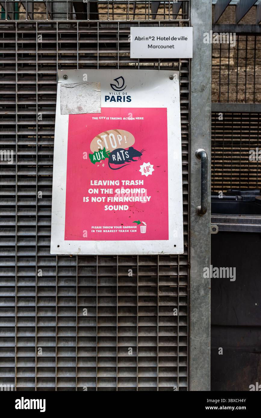 Das Schild "Stop aux Rats", das Müll auf dem Boden lässt, ist finanziell nicht tragfähig. Bitte werfen Sie Ihren Müll in den nächsten Mülleimer. Strafe für Müll 68€ Stockfoto