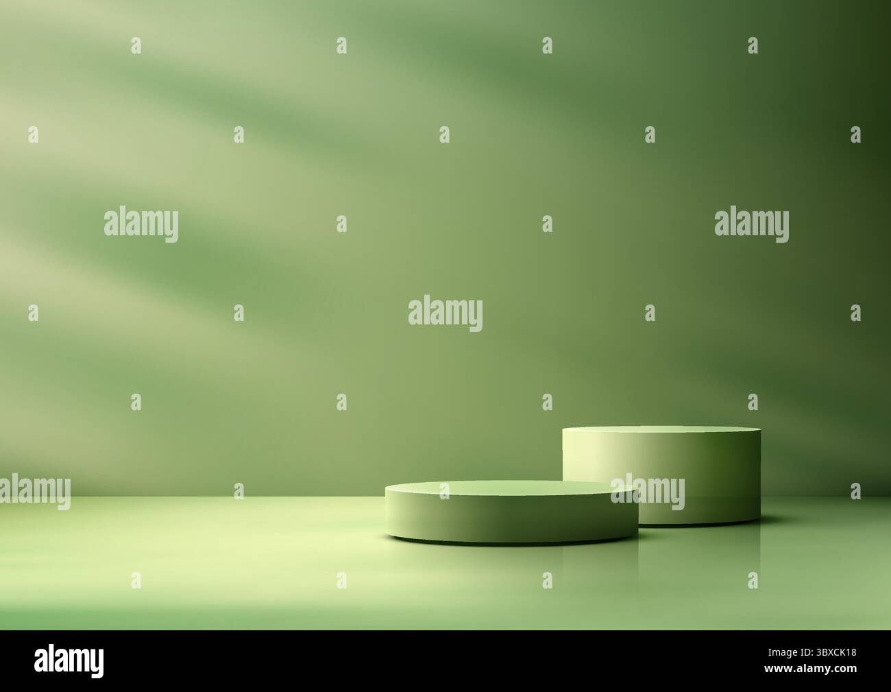 Grüne, zylindrische 3D-Podeste, die auf einer glänzenden Oberfläche unter diagonalen Lichtstrahlen in einem modernen, grünen Raum platziert werden Stock Vektor