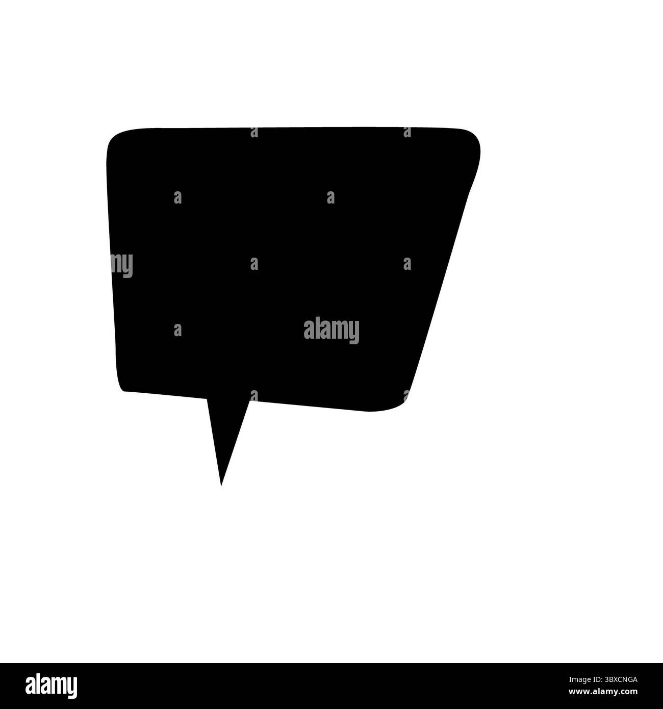 Die schwarze Sprechblase ist ein unregelmäßiges Rechteck mit Schwanz auf weißem Hintergrund in flachem Design Stockfoto
