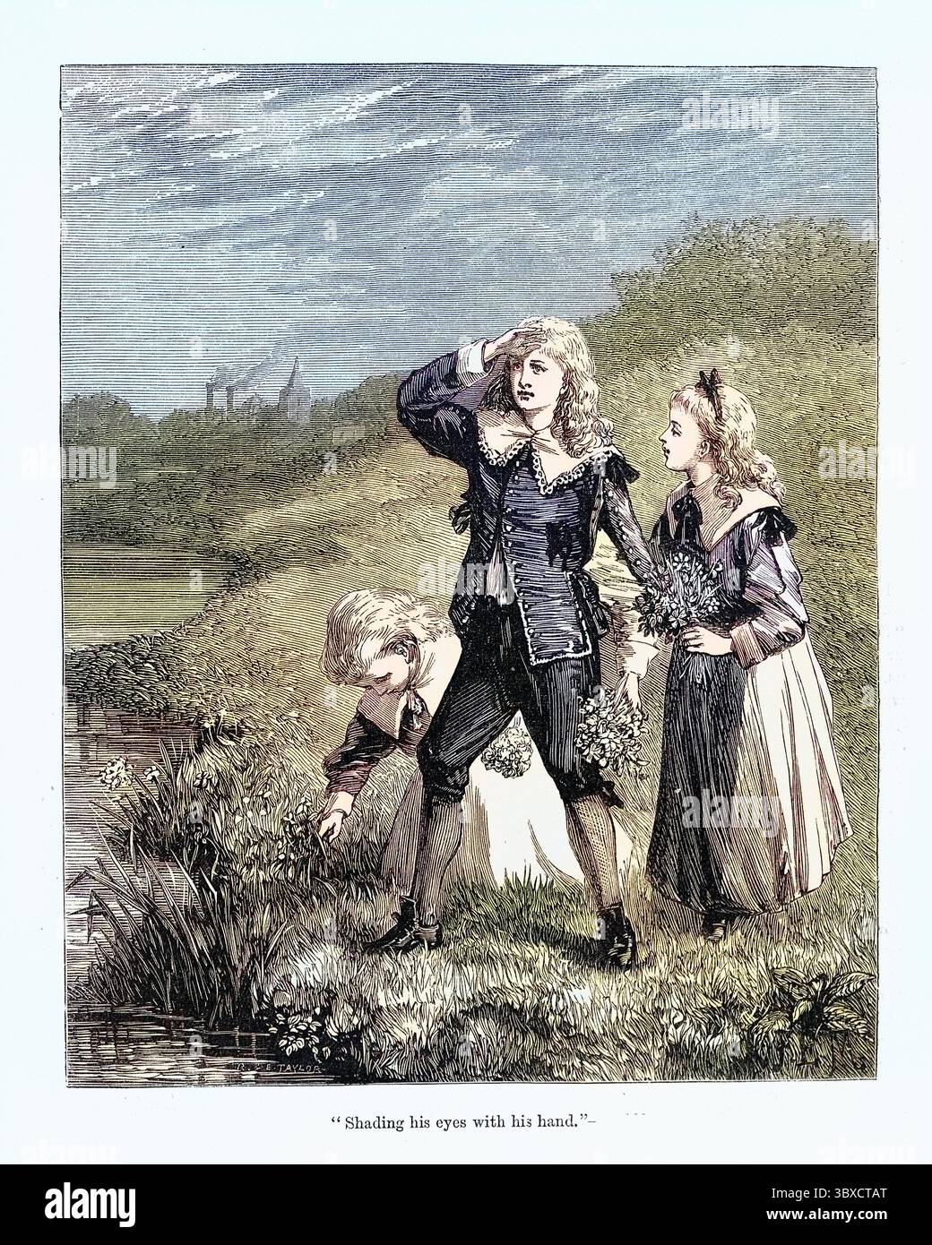 Vintage-Illustration von Kindern, die Kleidung im Stil des 17. Jahrhunderts tragen und Blumen auf einer Wiese sammeln Stockfoto