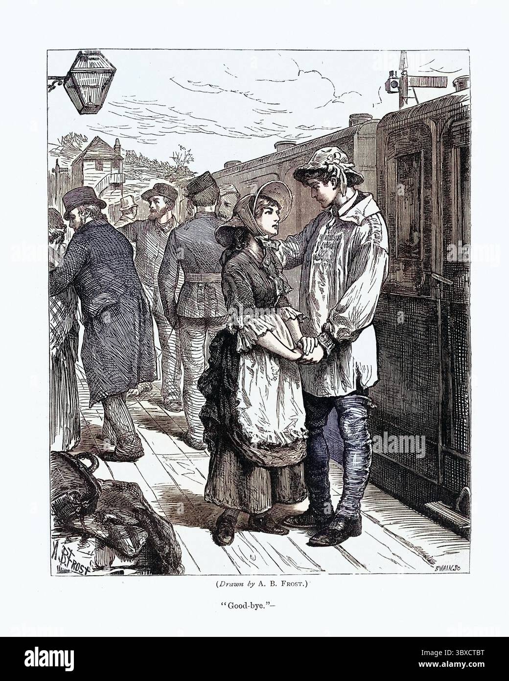 Alte Illustration von Liebsten, die sich auf dem Bahnsteig verabschieden, viktorianisch, 1870er, 19. Jahrhundert Stockfoto