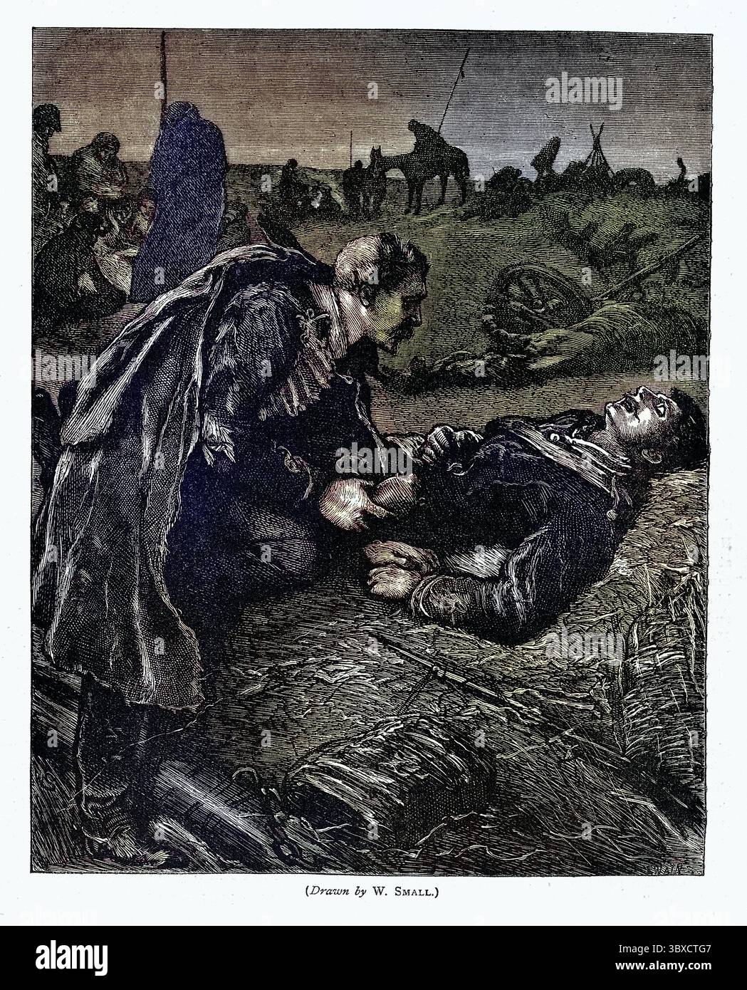 Ein alter Illustrationsmann, der einem sterbenden Soldaten auf dem Schlachtfeld einen Drink schenkt, viktorianisch, 1870er, 19. Jahrhundert. Stockfoto