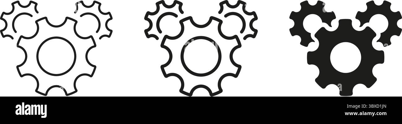 Drei Ineinandergreifende Gänge Und Ein Durchgehender Symbolsatz. Maschinenbau, Prozessoptimierung Und Industrielle Automatisierung – Gliederung Und Silhouette Stock Vektor