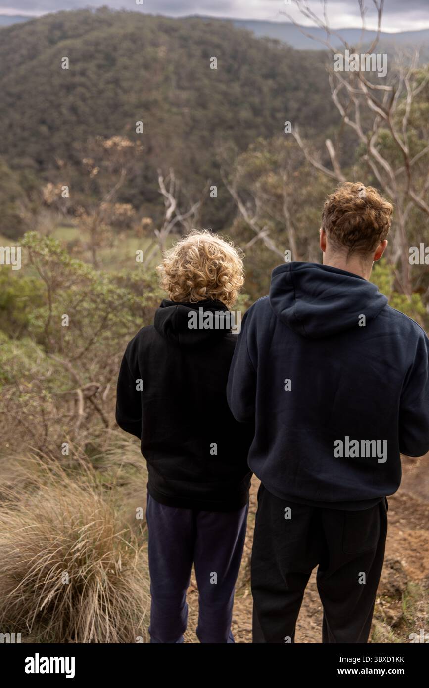 Zwei Brüder, die die malerische Aussicht auf den grünen Wald auf einem Roadtrip im Winter bewundern Stockfoto