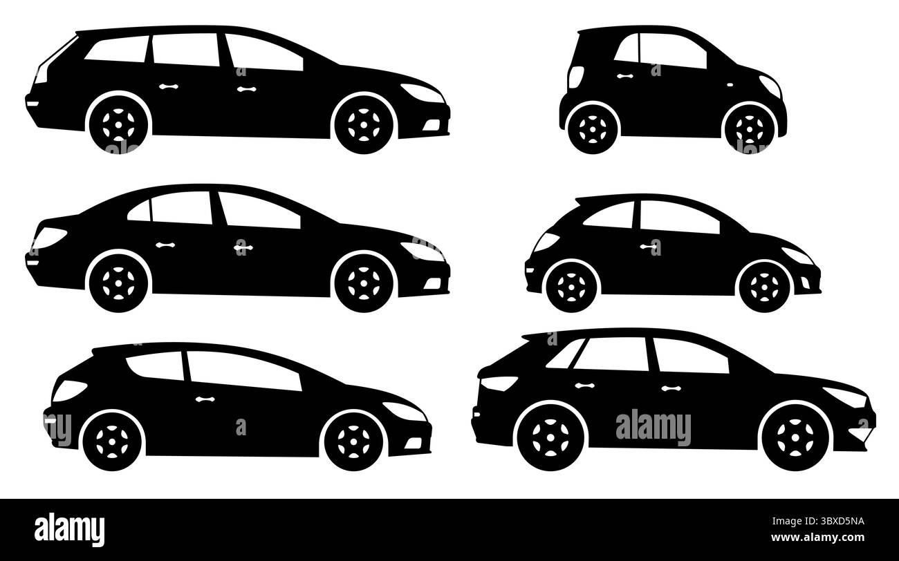 Set mit isolierten Auto-Silhouetten auf weißem Hintergrund. Vektordarstellung der Fahrzeugsymbole von der Seite Stock Vektor