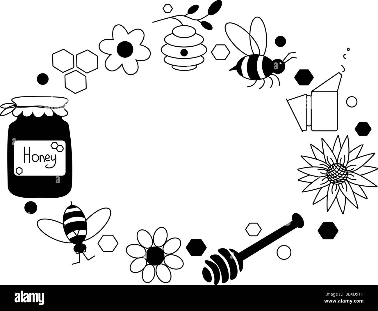 Ovale Schablone mit Honigrahmen. Vektorgrafik Linie Illustration Graphische Wabenform, Biene, Glasgefäß, Blumen, Topf. Ideal für Etiketten, Banner, Poster, Karten. Stock Vektor