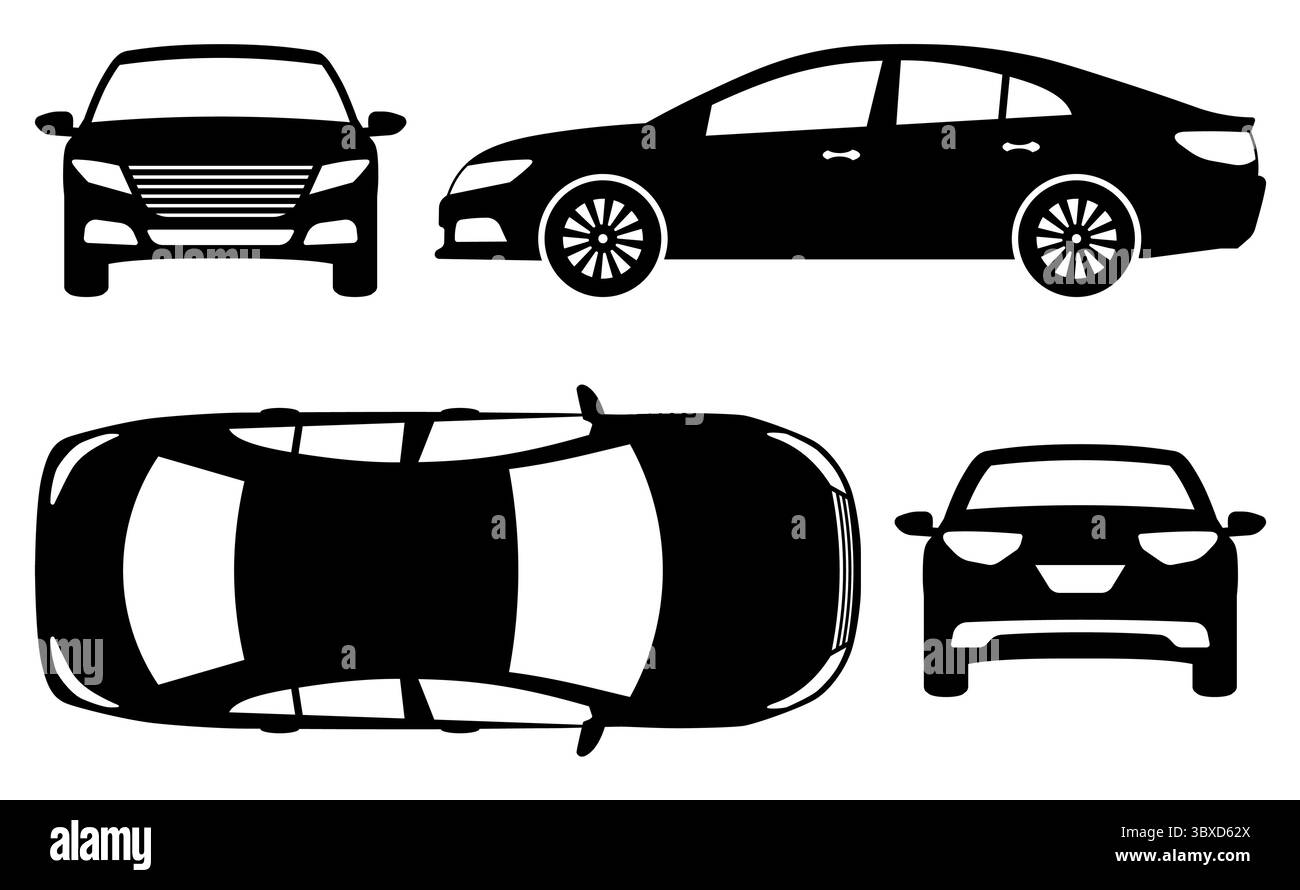 Auto-Silhouette auf weißem Hintergrund. Die Fahrzeugsymbole bestimmen die Ansicht von der Seite, von vorn, hinten und von oben. Stock Vektor